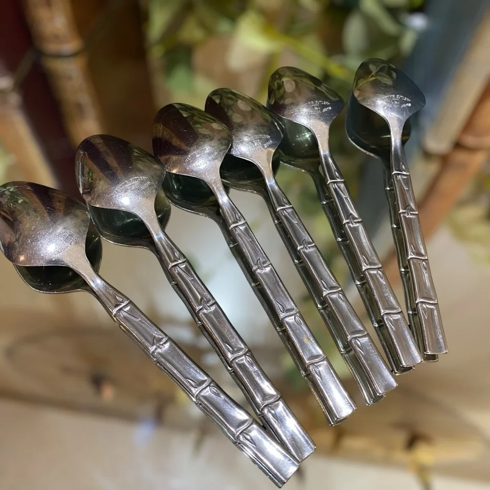 Vintage Bamboo Tiki Set 6 Teaspoons Lifetime Cutlery LC Stainless Flatware